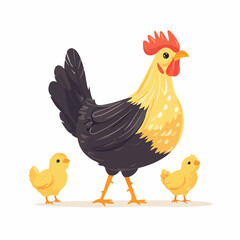 Hen and Yellow Chick Walking in Yard Vector Illustration