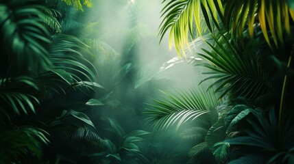 Lush tropical jungle with soft mist and foliage