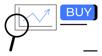 Magnifying glass examining a rising stock chart, blue BUY button beside. Ideal for finance, investing, stock analysis, online trading, market growth, business decisions, economic growth. Line