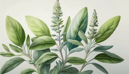 salvia sage detailed hand drawn pastel watercolor botanical image medicinal herbs light background generative ai