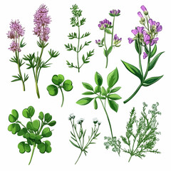 Vibrant Set of Blooming Medicinal Herbs and Wild Flowers