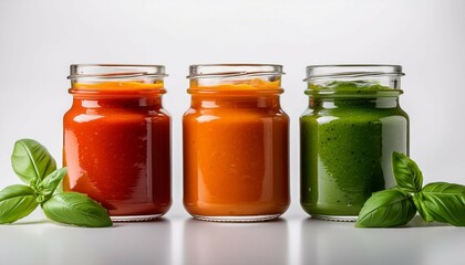 three colorful sauces in jars with green orange and red sauces displayed alongside fresh basil leaves on a white background