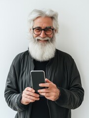 A Bearded Man in a Modern Jacket, Holding a Smartphone