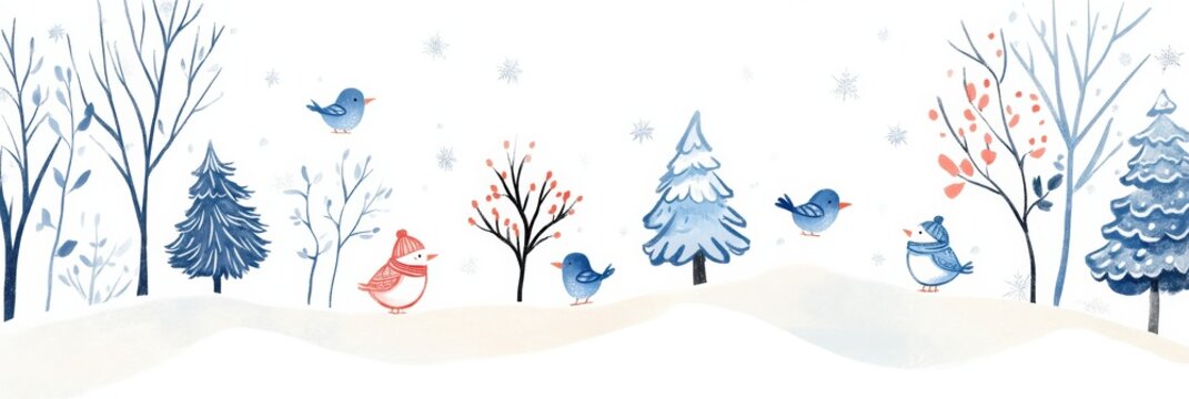 Doodle features whimsical birds in scarves frolicking amidst snow-covered trees, capturing the essence of a cheerful winter landscape. Generative AI
