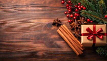 Naklejka premium christmas gift cinnamon sticks and berries creating festive atmosphere on wooden table