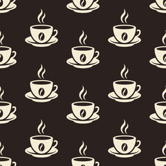 White coffee cups on brown background. Vector seamless pattern.