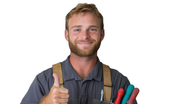 Skilled tradesman giving thumbs up with tools, transparent background