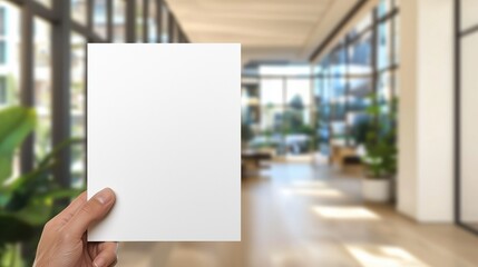 A person's hand holding a blank sheet of paper in a bright, modern office space with glass partitions and plants.