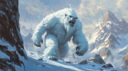 Majestic yeti in snowy mountain landscape