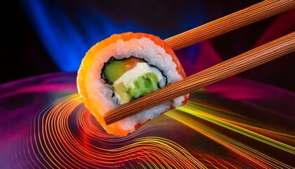 Chopsticks with sushi on neon light background