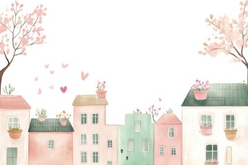 Fototapeta premium A whimsical city street comes alive with blooming trees and cheerful buildings adorned with flower pots, creating a vibrant spring atmosphere. Generative AI
