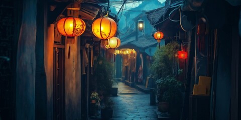 A narrow alleyway with lanterns hanging from the ceiling. The lanterns are lit up, creating a warm and inviting atmosphere. The alleyway is lined with potted plants and trees