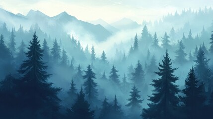 Misty evergreen forest landscape at dawn