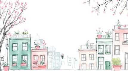 Obraz premium Colorful doodle features a lively city street adorned with flowering trees and potted plants on vibrant buildings, creating a cheerful atmosphere. Generative AI