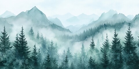 Misty forest landscape in watercolor
