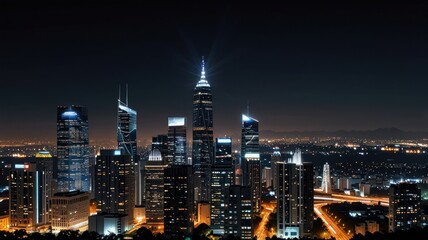 Naklejka premium Night cityscape, skyscrapers illuminated. (1)