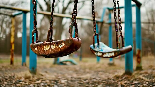 a swing set  with  a broken swing  and a missing swing.