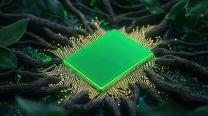 A glowing green chip surrounded by tree branches and roots, symbolizing interconnected ecosystems.