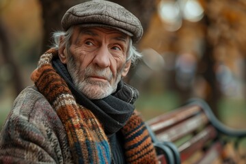 An elderly man gazes thoughtfully, surrounded by autumn foliage in a peaceful park.
