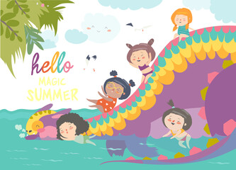 Kids playing with cute dragon at waterpark in summer vacation. Vector illustration