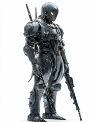 Naklejka premium Dark robotic figure, armed, futuristic suit.