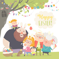 Cute family celebrating Easter. Vector greeting card
