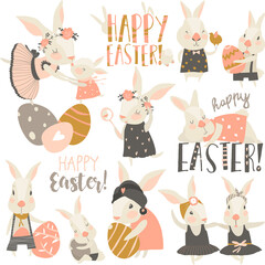 Vector set cartoon illustration of cute rabbit and bunny with Easter eggs