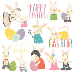 Vector set cartoon illustration of cute rabbit and bunny with Easter eggs