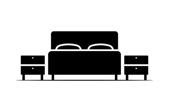Double bed and nightstands icon. Black silhouette. Front side view. Vector simple flat graphic illustration. Isolated object on white background. Isolate.