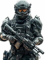 Obraz premium Futuristic soldier, armored, weapon held.