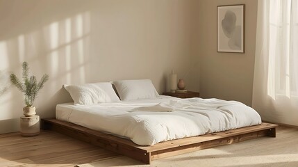Cozy Japandi bedroom featuring a low platform bed with crisp white linens, a simple wooden nightstand, and a framed abstract print on the wall 