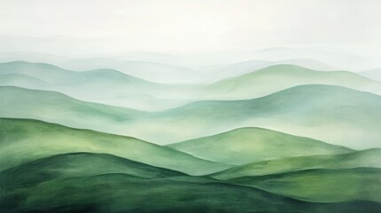 Misty green hills in tranquil landscape painting