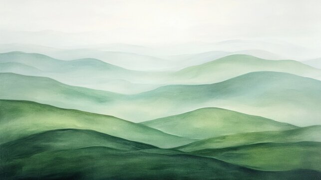 Misty green hills in tranquil landscape painting