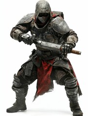 Fototapeta premium Hooded warrior, armored, weapon held, crouching.
