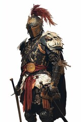 Obraz premium Ornate armored knight, swords drawn, feathered helm.