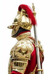 Obraz premium Ornate gold armor, red garment, tall staff.