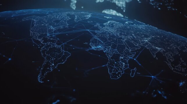 Global network map, world map, digital earth, interconnectedness, communication, technology, - Powered by Adobe