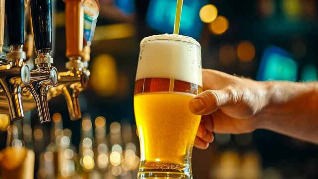 A bartender's hand presents a freshly poured beer with a perfect foam head against a bustling bar backdrop. The mood is vibrant and social, ideal for showing the lively bar atmosphere.