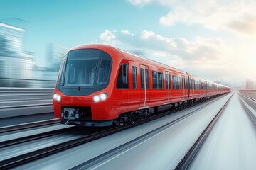 Fototapeta premium Sleek high-speed train races through a cityscape, highlighting the advancements in modern public transportation