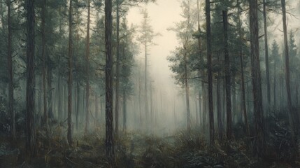 Misty pine forest in ethereal light