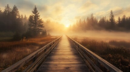 Obraz premium Misty wooden boardwalk at sunrise with pines