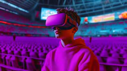 In a crowded stadium, a boy wearing a VR headset is deeply engaged with digital content. A sports game fan, he is surrounded by neon hues and a prominent banner.