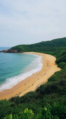 Obraz premium Secluded Beach Cove: A serene landscape, a tranquil beach cove nestled amidst verdant hills, with shimmering turquoise waters lapping at the shore. The perfect escape for relaxation and reflection. 