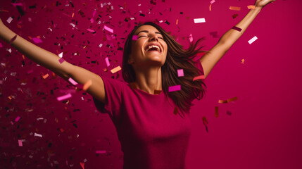 Fototapeta premium Freude und Feier mit Konfetti auf rotem Hintergrund