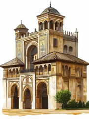 Ornate sandstone building, arched entryways, lush greenery.