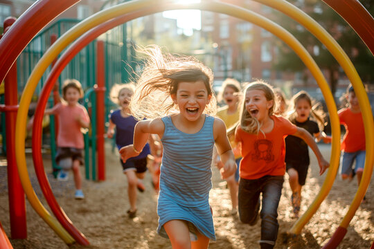 Group of children playing on colorful playground equipment, laughing and running in the sunlight.