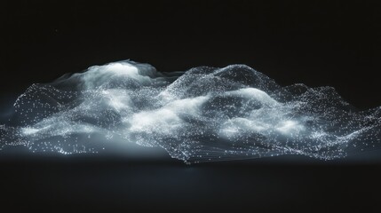 Abstract digital landscape of glowing particles forming a cloudy, mountainous terrain against a dark background.