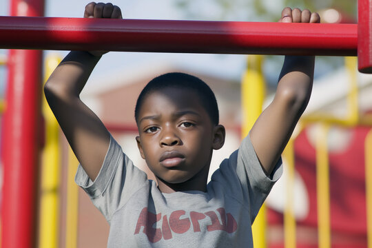 Young boy hanging from monkey bars, bright playground behind him. - Powered by Adobe