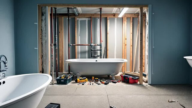 Bathroom Renovation Scene with Freestanding Tubs, Exposed Walls, Plumbing, and Construction Tools


