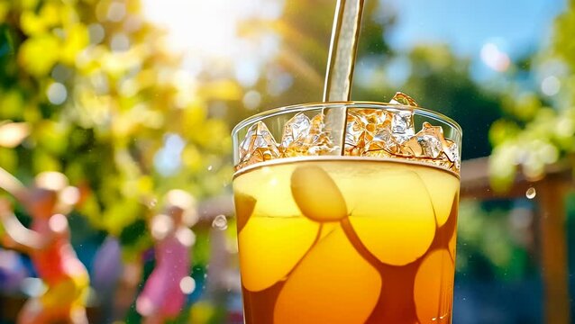 Close-up shot captures iced tea being poured into a glass, with blurred people enjoying a sunny day behind. Sunflare adds a summer vibe, highlighting leisure and relaxation among friends.